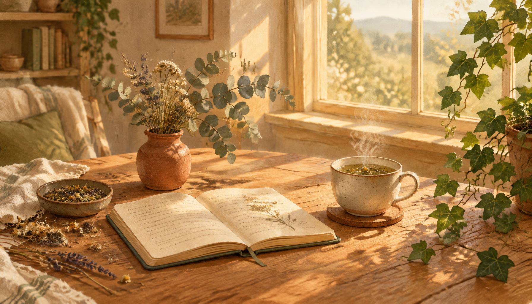 An open journal and tea in a warm, sunlit room